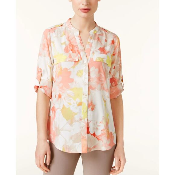 CALVIN KLEIN Abstract Floral-Print Roll-Tab Blouse Button Up Multi Womens Size L - Picture 1 of 7